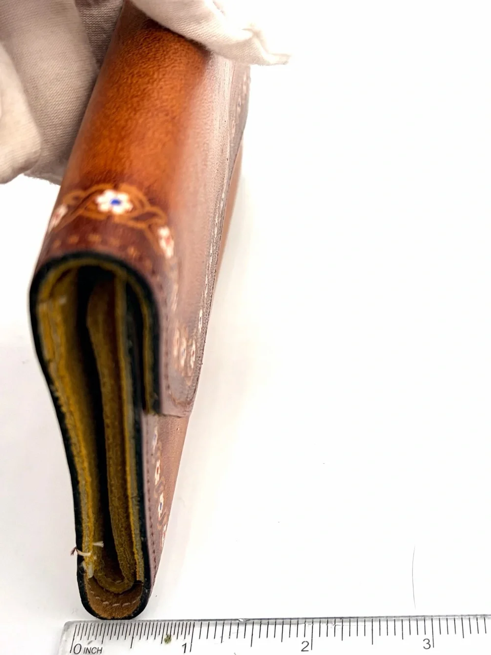 Vintage Hand-tooled Tan Leather Envelope Wallet, Flower Border, Suede Interior